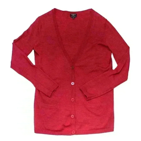 Talbots Womens Petite M Pure Italian Merino Wool Maroon Burgundy V-Neck Cardigan - Picture 5 of 8